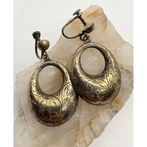 Vintage Sterling Silver Screw Back Puffy Earrings Ornate Repoussé Dangle 11g